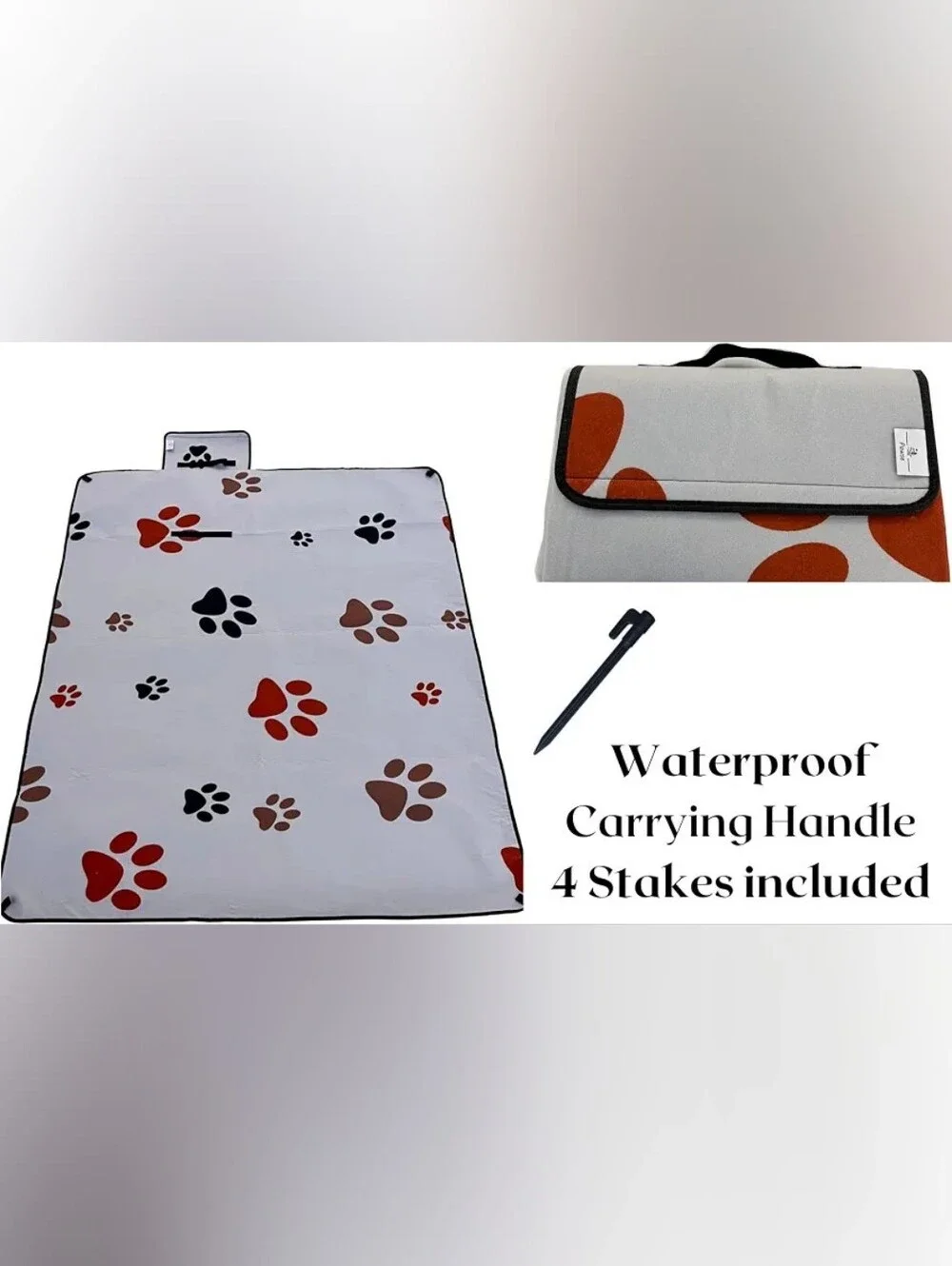Dog Waterproof Picnic/Outdoor Blanket - Gray with Rust Paw Print